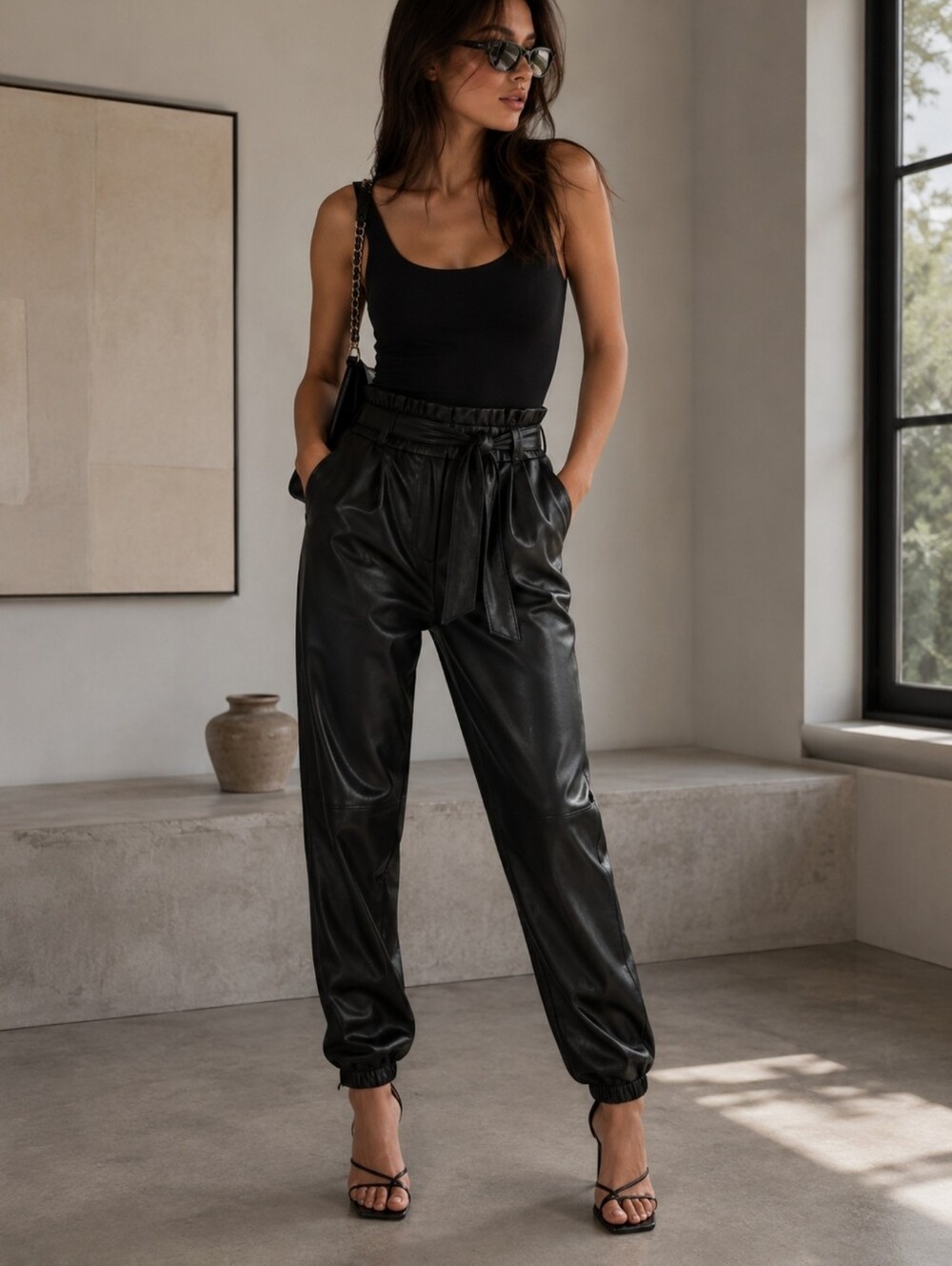 WAYF Women's Black Faux Leather Size XS Paperbag Belted Streetwear Pants Joggers